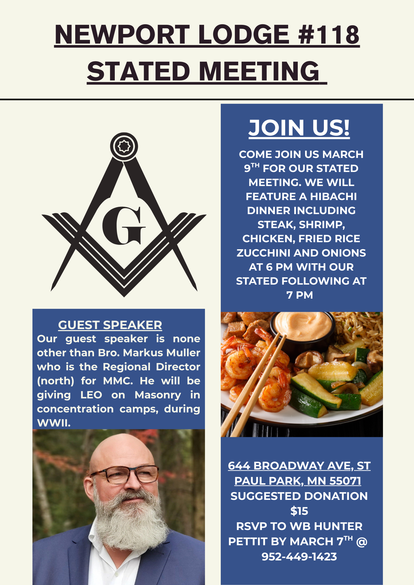 Flyer for Newport Lodge No. 118's March 9th Stated Meeting at 6:00 PM